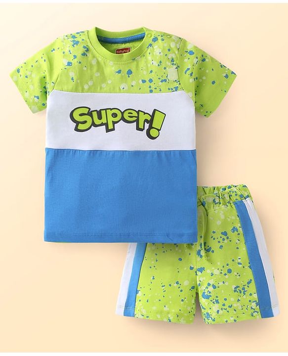 Babyhug Single Jersey Knit Half Sleeves Cut & Sew T-Shirt & Shorts Set with Text Print - Light Green