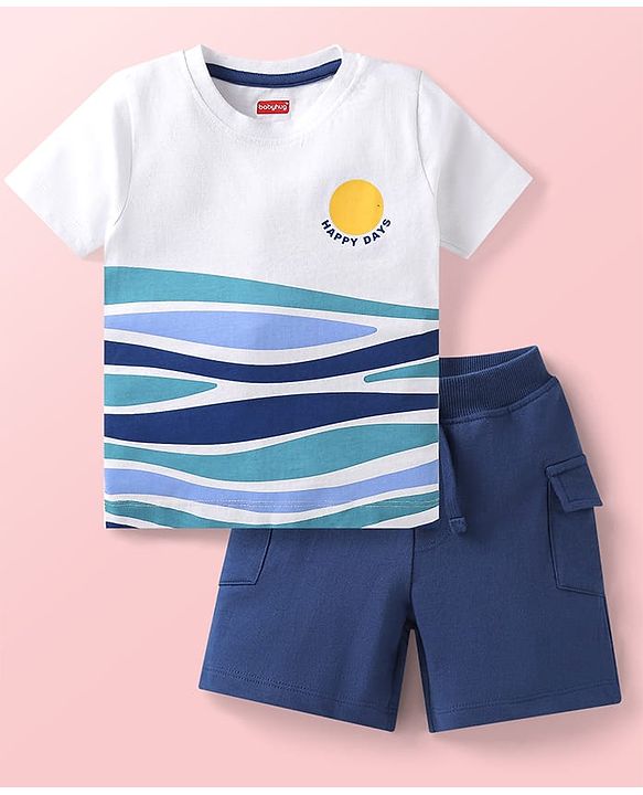 Babyhug Single Jersey Knit Half Sleeves T-Shirt & Shorts Set with Happy Days Print - White & Navy Blue