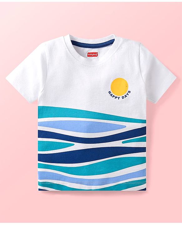 Babyhug Single Jersey Knit Half Sleeves T-Shirt & Shorts Set with Happy Days Print - White & Navy Blue