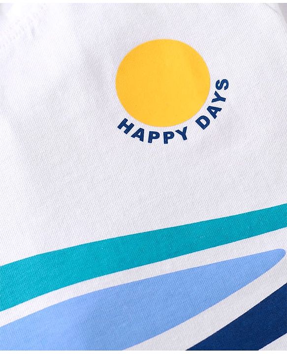 Babyhug Single Jersey Knit Half Sleeves T-Shirt & Shorts Set with Happy Days Print - White & Navy Blue