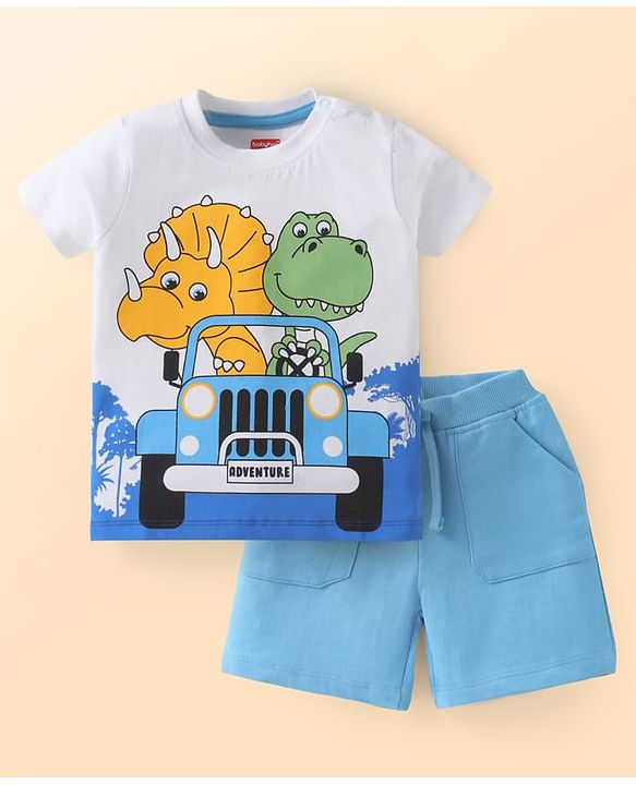 Babyhug Single Jersey Knit Half Sleeves T-Shirt & Shorts Set With Animal Print - White & Light Blue