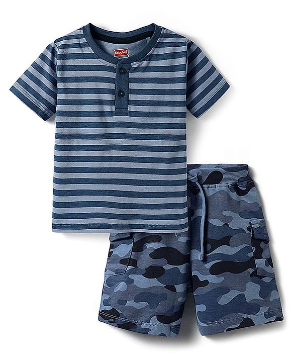 Babyhug Single Jersey Knit Half Sleeves Striped T-Shirt & Shorts Set With Camouflage Print - Navy Blue