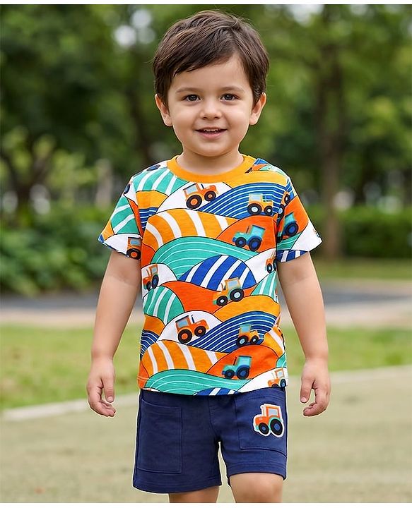 Babyhug Single Jersey Knit Half Sleeves T-Shirt & Shorts Set with Tractor Print - Navy Blue