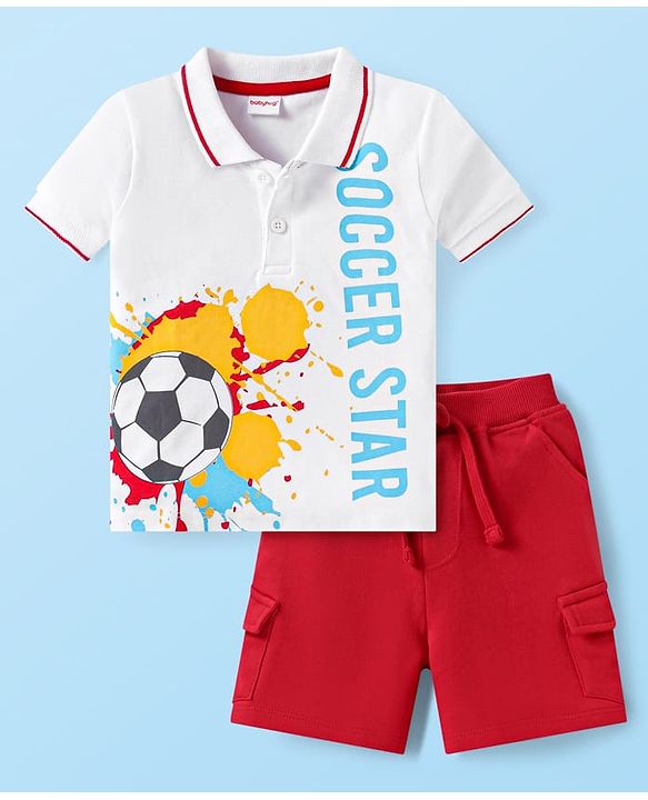 Babyhug Single Jersey Knit Half Sleeves Collar T-Shirt & Shorts Set With Soccer Star Text Print - Red & White