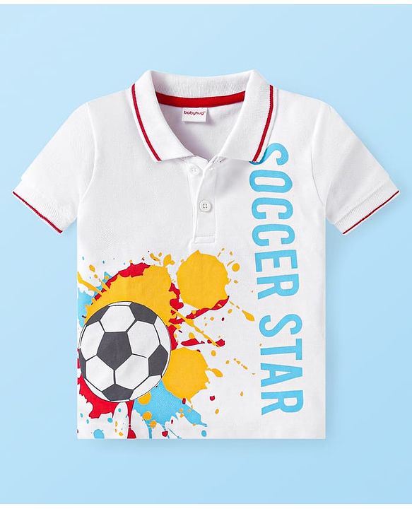 Babyhug Single Jersey Knit Half Sleeves Collar T-Shirt & Shorts Set With Soccer Star Text Print - Red & White