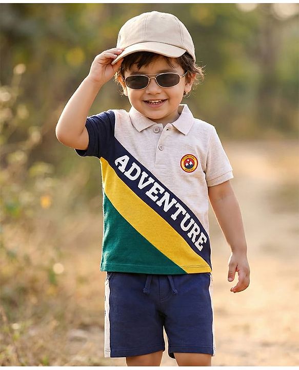 Babyhug Single Jersey Knit Half Sleeves Polo T-Shirt & Shorts Set With Adventure Print - Multicolor & Navy Blue