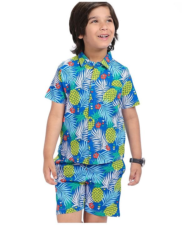 Babyhug Single Jersey Knit Half Sleeves Tropical Theme Printed Shirt & Shorts - Blue