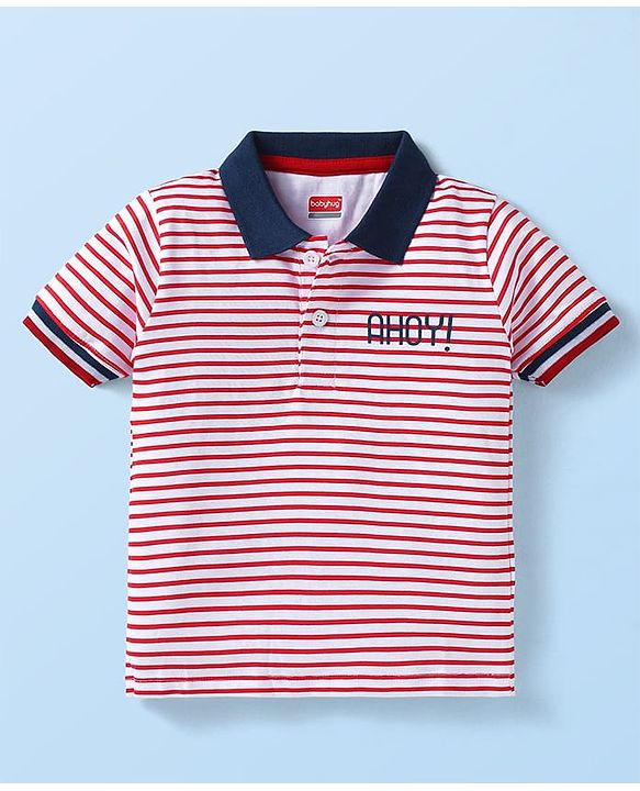 Babyhug Single Jersey Knit Half Sleeves Polo T-Shirt & Shorts Set with Stripes - Navy Blue & Red