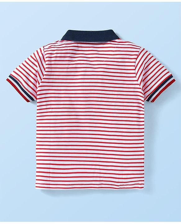 Babyhug Single Jersey Knit Half Sleeves Polo T-Shirt & Shorts Set with Stripes - Navy Blue & Red