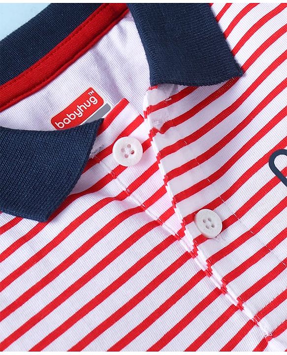 Babyhug Single Jersey Knit Half Sleeves Polo T-Shirt & Shorts Set with Stripes - Navy Blue & Red