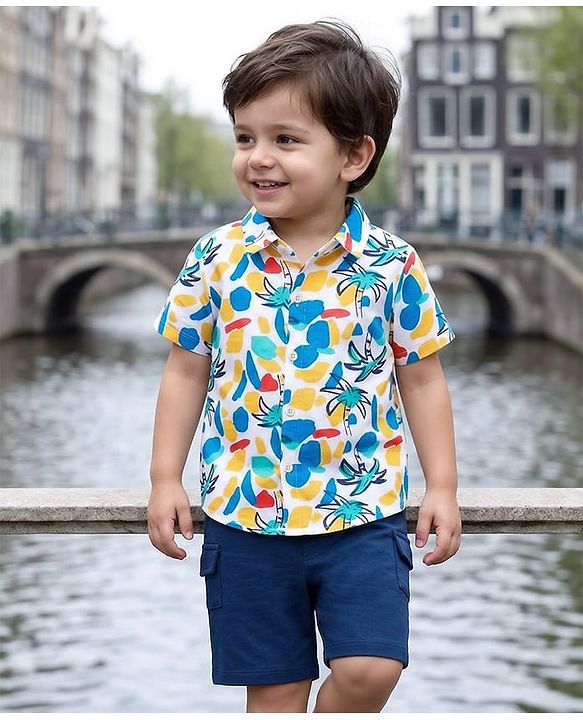 Babyhug Single Jersey Knit Half Sleeves Shirt & Shorts Set with Beach Theme Print - Navy Blue