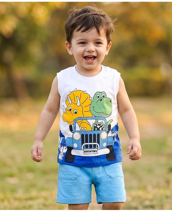 Babyhug Single Jersey Knit Sleeveless Tank T-Shirt & Shorts Set With Dino Print - White & Blue
