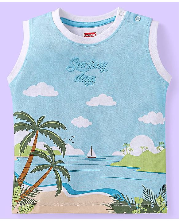 Babyhug Single Jersey Knit Sleeveless Tank T-Shirt & Shorts Set with Beach Theme Print - Light Blue