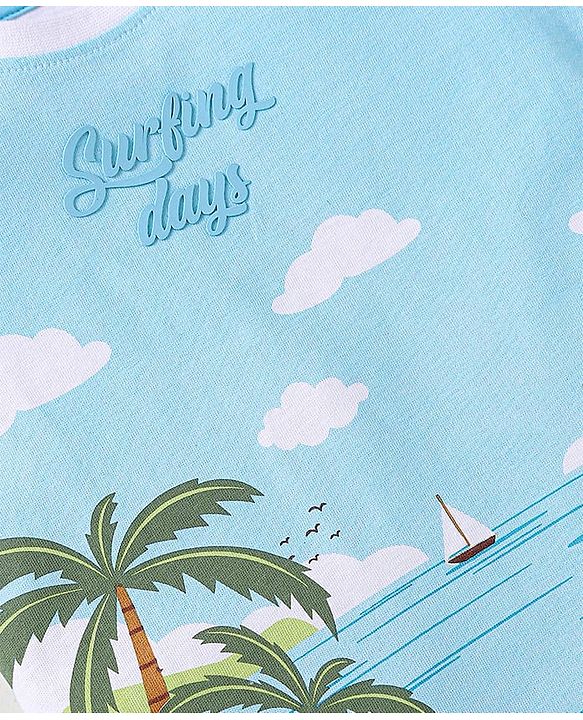Babyhug Single Jersey Knit Sleeveless Tank T-Shirt & Shorts Set with Beach Theme Print - Light Blue