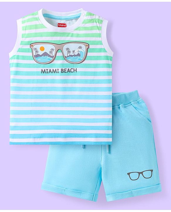 Babyhug Single Jersey Knit Sleeveless T-Shirt & Shorts Set with Beach Theme Print & Stripes - Light Blue