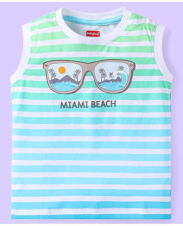 Babyhug Single Jersey Knit Sleeveless T-Shirt & Shorts Set with Beach Theme Print & Stripes - Light Blue