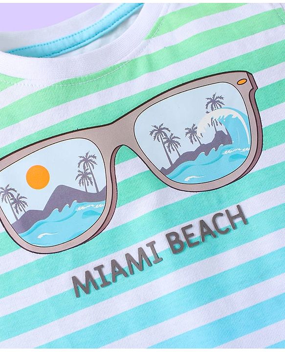Babyhug Single Jersey Knit Sleeveless T-Shirt & Shorts Set with Beach Theme Print & Stripes - Light Blue