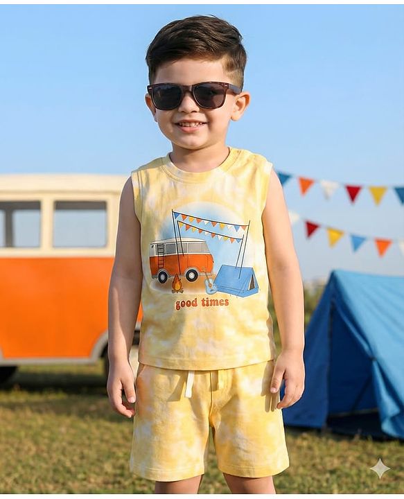 Babyhug Single Jersey Knit Sleeveless Tie & Dye T-Shirt & Shorts Set with Camping Print - Yellow