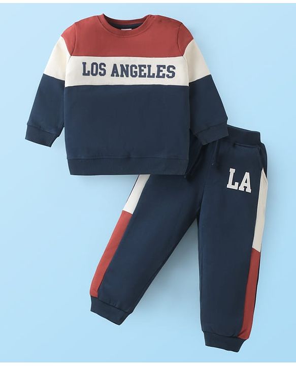 Babyhug Terry Knit Full Sleeves Cut & Sew T-Shirt & Lounge Pant Set with Text Print - Navy Blue