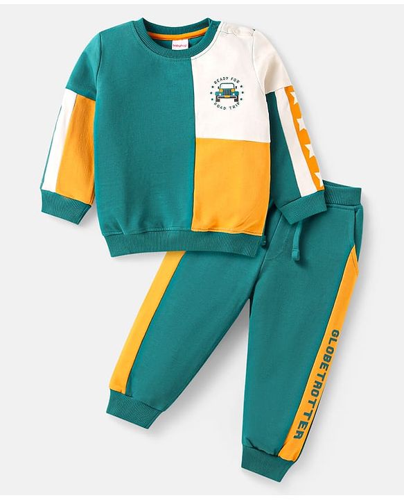 Babyhug Terry Knit Full Sleeves T-Shirt & Lounge Pant Set With Cut & Sew Design & Car Print - Teal Blue White & Yellow