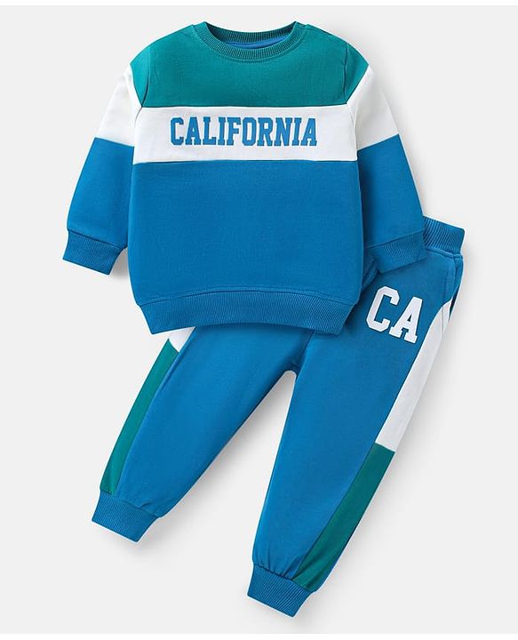 Babyhug Terry Knit Full Sleeves T-Shirt & Lounge Pant Set With Cut & Sew Design & California Print - Blue