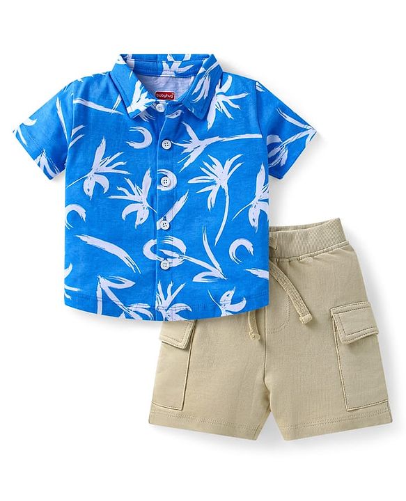 Babyhug Single Jersey Knit Half Sleeves Shirt & Shorts Set with Floral Print - Blue & Beige