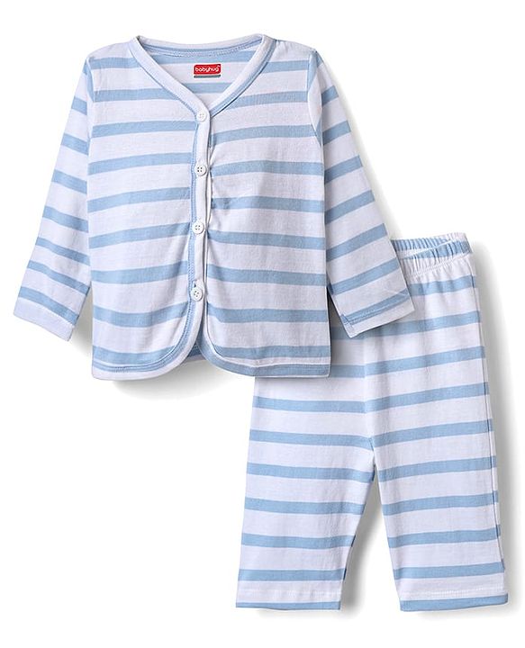 Babyhug Single Jersey Knit Full Sleeves Striped Co-ords Front Open T-Shirt & Lounge Pant Set - White
