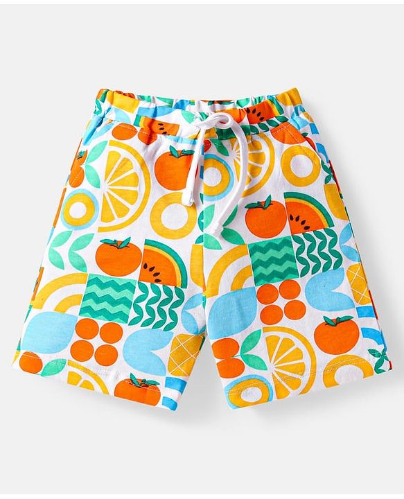 Babyhug Single Jersey Knit Half Sleeves Shirt & Shorts Set With Fruit Print - White