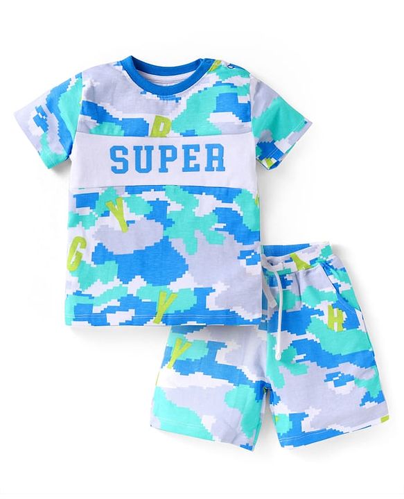 Babyhug Single Jersey Knit Half Sleeves T-Shirt & Shorts Set With Camouflage Print - Blue & Grey