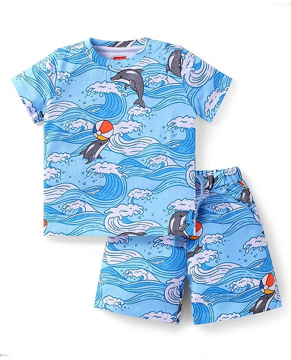 Babyhug Single Jersey Knit Half Sleeves T-Shirt & Shorts Set With Dolphin Print - Light Blue