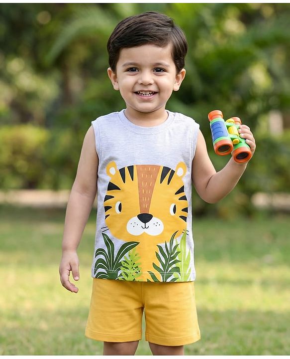Babyhug Single Jersey Knit Sleeveless Tank T-Shirt & Shorts Set With Tiger Print - Grey & Yellow