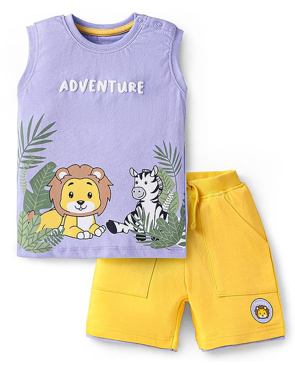 Babyhug Single Jersey Knit Sleeveless T-Shirt & Shorts Set With Animal Print - Purple & Yellow
