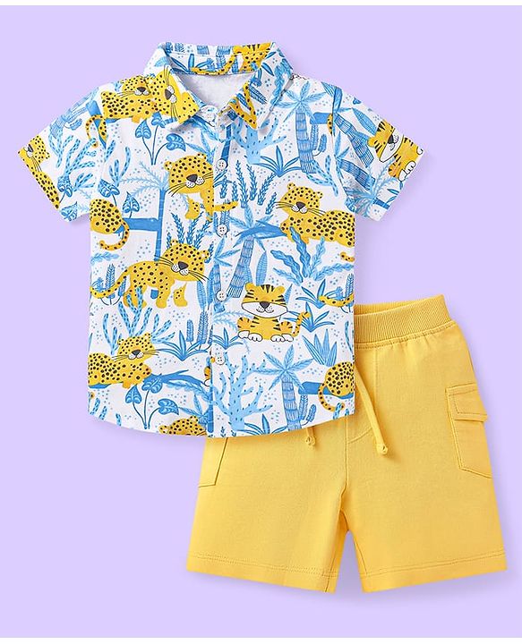 Babyhug Single Jersey Knit Half Sleeves Shirt & Shorts Set with Jungle Theme Print - Light Blue & Yellow