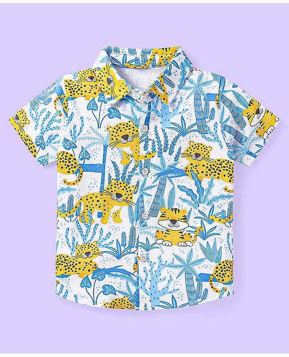 Babyhug Single Jersey Knit Half Sleeves Shirt & Shorts Set with Jungle Theme Print - Light Blue & Yellow