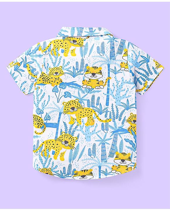 Babyhug Single Jersey Knit Half Sleeves Shirt & Shorts Set with Jungle Theme Print - Light Blue & Yellow