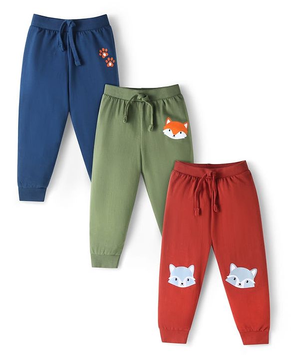 Babyhug Single Jersey Knit Full Length Lounge Pants with Fox Print Pack of 3 - Blue Olive Green & Red