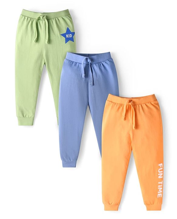 Babyhug Single Jersey Knit Full Length Lounge Pants with Text Print Pack of 3 - Blue Orange & Light Green