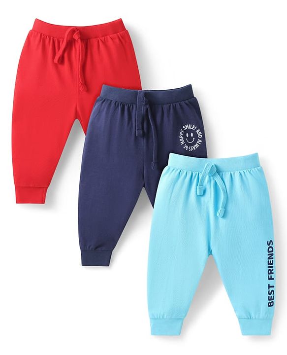 Babyhug Cotton Knit Full Length Text Printed Lounge Pants Pack of 3 - Aqua Blue Navy & Red