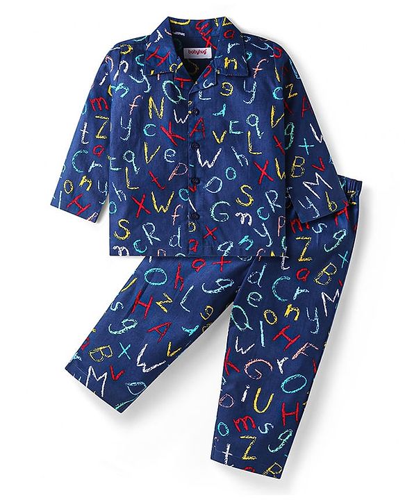Babyhug Cotton Woven Full Sleeves Night Suit with Alphabet Text Print - Navy Blue