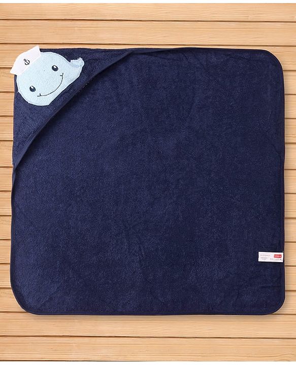 Babyhug Terry Woven Hooded Wrapper with Dolphin Embroidery  L 76.2 x B 76.2 cm - Navy Blue