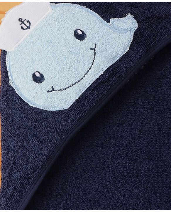 Babyhug Terry Woven Hooded Wrapper with Dolphin Embroidery  L 76.2 x B 76.2 cm - Navy Blue