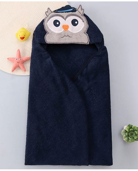 Babyhug Terry Woven Hooded Wrapper with Owl Embroidery  L 76.2 x B 76.2 cm - Navy Blue