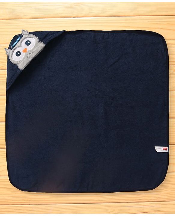 Babyhug Terry Woven Hooded Wrapper with Owl Embroidery  L 76.2 x B 76.2 cm - Navy Blue