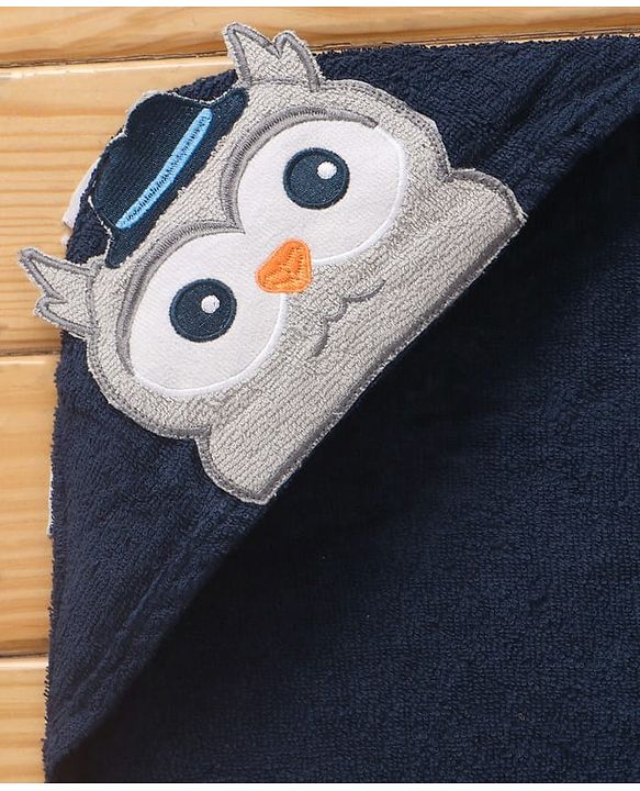 Babyhug Terry Woven Hooded Wrapper with Owl Embroidery  L 76.2 x B 76.2 cm - Navy Blue