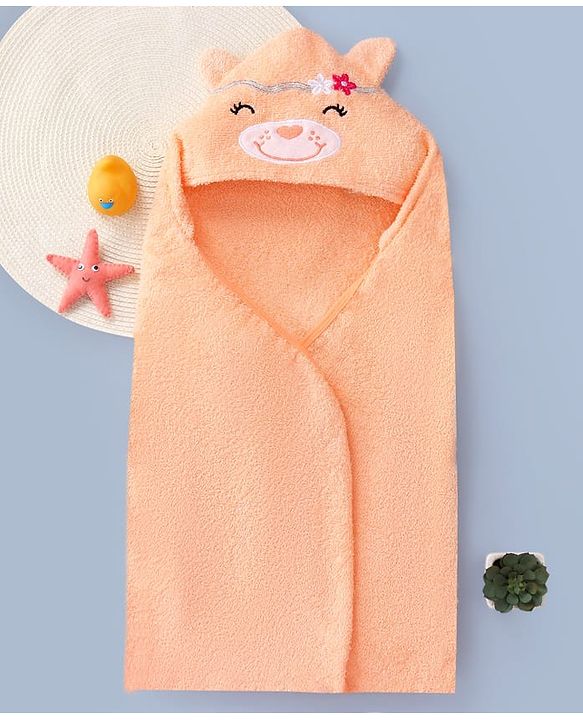 Babyhug Cotton Knit Hooded Wrapper With Animal Embroidery & Ear Applique L 76 x B 76 cm - Peach