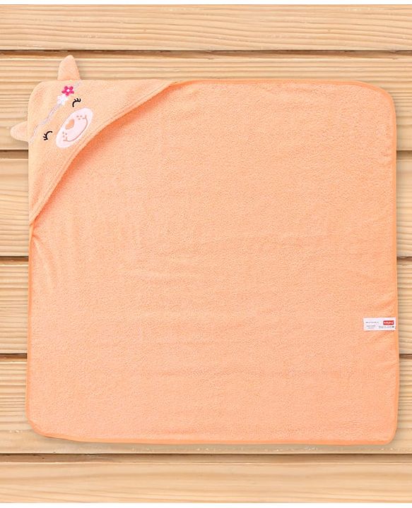 Babyhug Cotton Knit Hooded Wrapper With Animal Embroidery & Ear Applique L 76 x B 76 cm - Peach