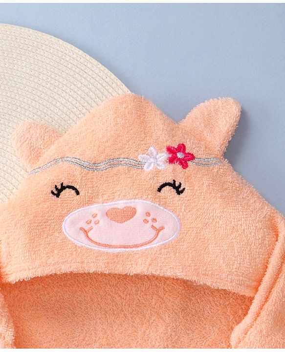 Babyhug Cotton Knit Hooded Wrapper With Animal Embroidery & Ear Applique L 76 x B 76 cm - Peach