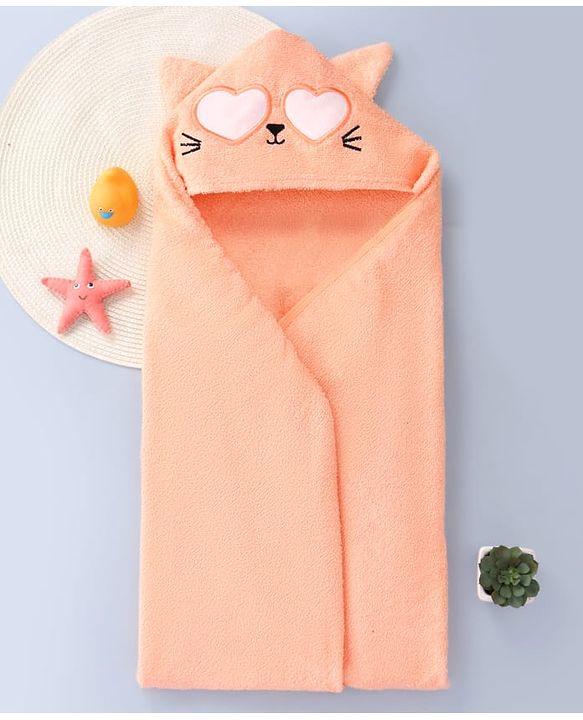 Babyhug Cotton Knit Hooded Wrapper With Cat Embroidery & Ear Applique L 76 x B 76 cm - Peach