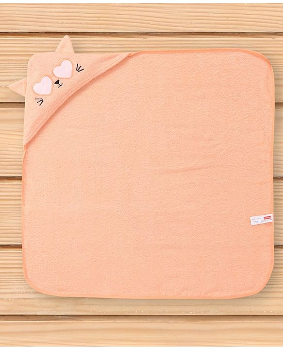 Babyhug Cotton Knit Hooded Wrapper With Cat Embroidery & Ear Applique L 76 x B 76 cm - Peach