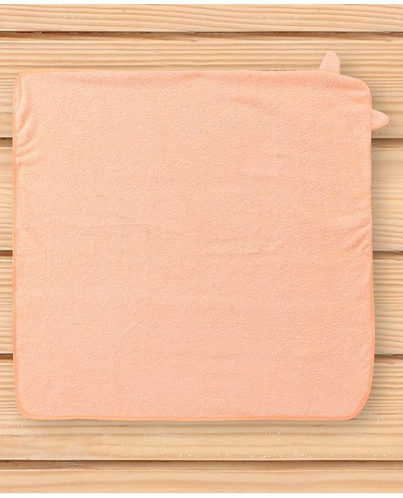 Babyhug Cotton Knit Hooded Wrapper With Cat Embroidery & Ear Applique L 76 x B 76 cm - Peach